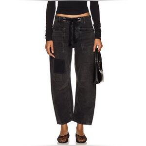 We The Free Moxie Barrel Leg Jeans Patchwork Boho Slouchy Low Black Washed sz 25